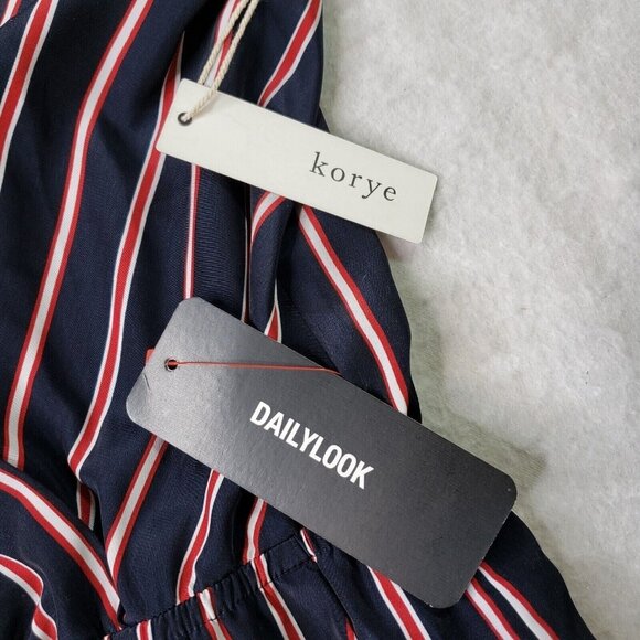 Striped Navy & Red Long-Sleeve Wrap Romper By Korye pockets Size M - Picture 6 of 12